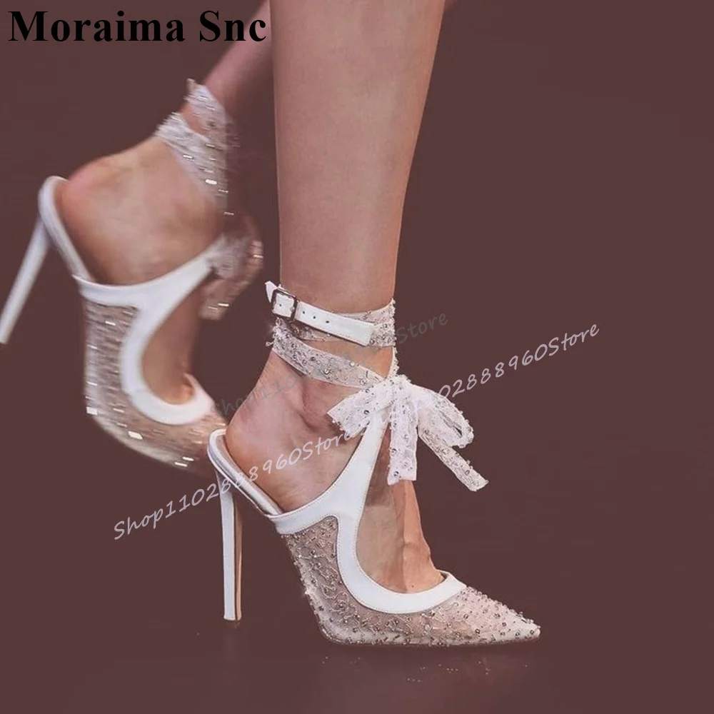 

Catwalk White Lace Bling Pointy Sandals Thin High Heel Shoes For Women Lace Up Pointed Toe 2025 Fashionable Zapatos Para Mujere