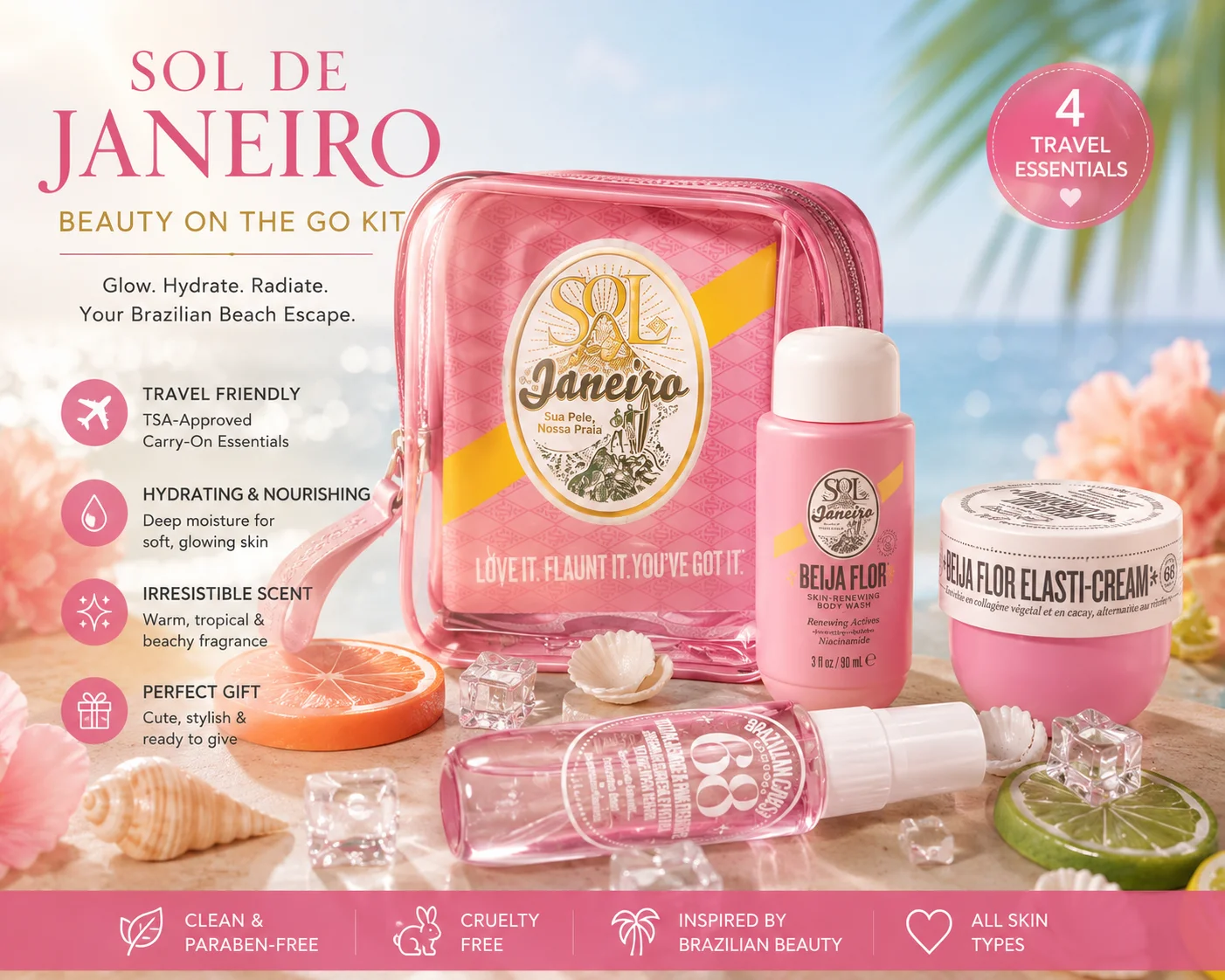 Set de Cuidado Corporal Beija Flor de Sol de Janeiro - Bolsa de Viaje Rosa con Crema y Gel de Baño - Kit de Regalo de Cuidado de la Piel Brasileño - Colección de Belleza de Verano