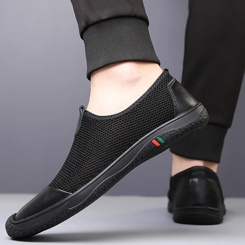 Zapatos planos de malla transpirable para hombre, zapatillas ligeras informales para caminar, ahuecadas, calzado sin cordones para conducir, mocasines hechos a mano