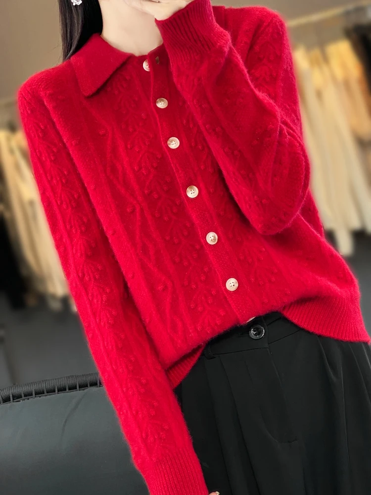 Autumn Winter Women 100% Merino Wool Sweater Heavy Work Cable Stitch Cardigan Buttoned Shirt Collar Casual Cashmere Clothing