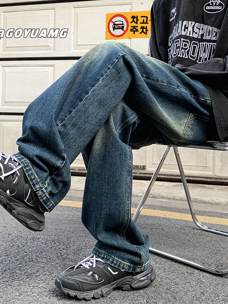 

American Retro Blue Jeans Men's Spring Autumn Loose Wide Leg Straight Cut Pants Cleanfit High End Feelings Men's Pants