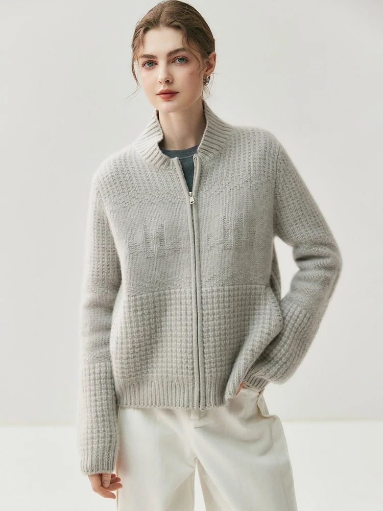 

TLOML Women's 100% Cashmere Sweater Mock Neck Thick Zipper Cardigan Autumn Winter Soft Luxury Casual Style Cashmere Knitwear Top