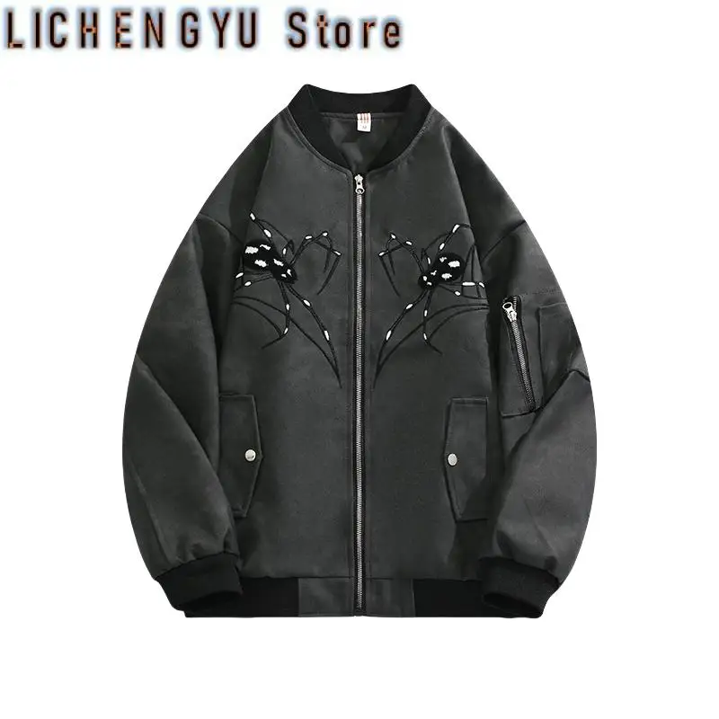 New Autumn Spider Embroidery Bomber Jacket Men PU Leather Coat Fashion Korean Streetwear Zip Up Baseball Outerwear Clothing Male