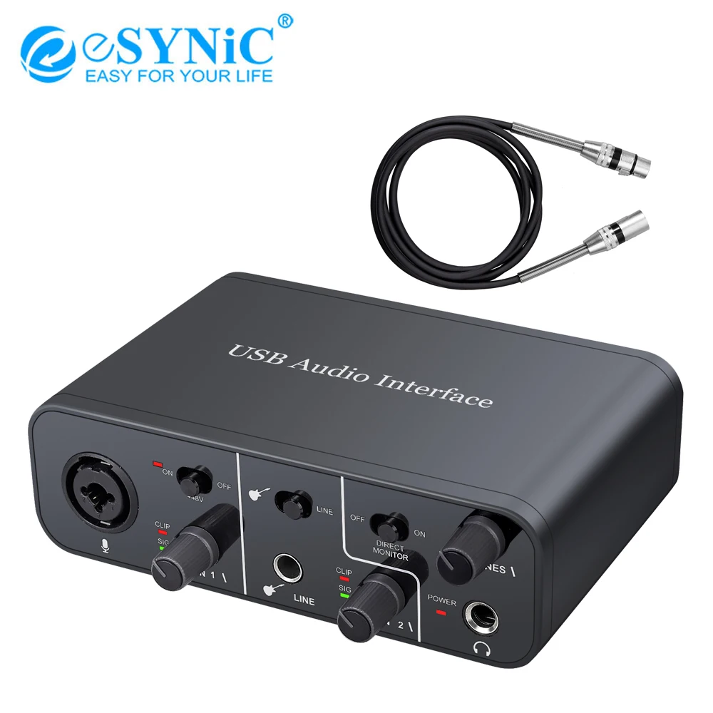 eSYNiC USB Audio Interface with XLR Line Input 48V Phantom Power TRS Balanced Ultra-low Latency Support Bass & Music Instruments