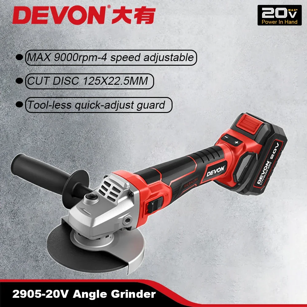 

DEVON 20v Cordless Angle Grinder Brushless Motor 2905-LI 125mm 9000rpm 4 Speed Adjustable Rechargeable Share Flex Battery