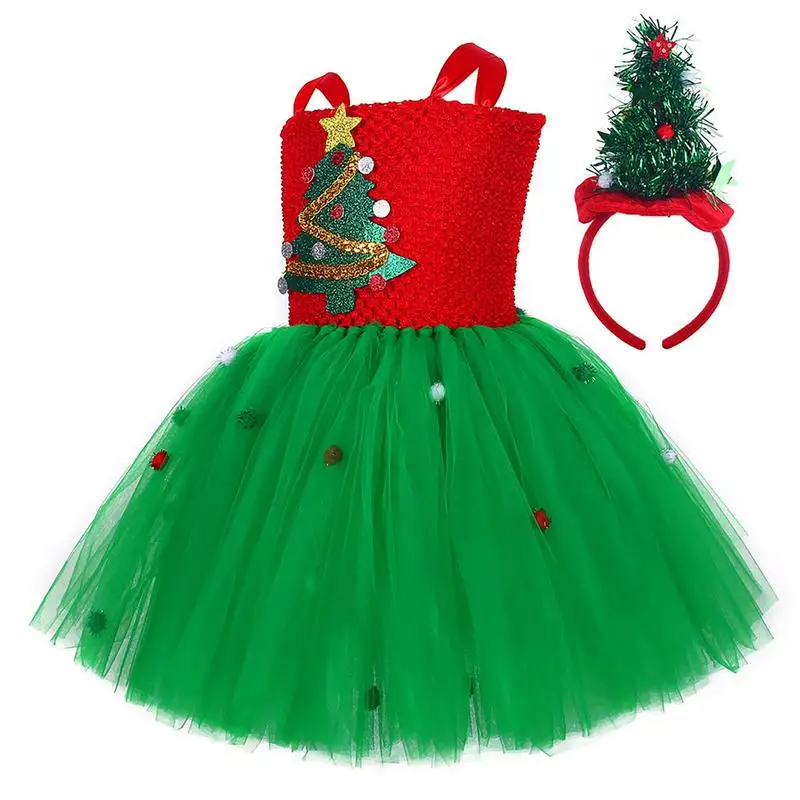 

Christmas Tree Dress Tutu Skirt for Kids Green Kid's Elf Costume Sleeveless Dress with Funny Headband Christmas Outfit