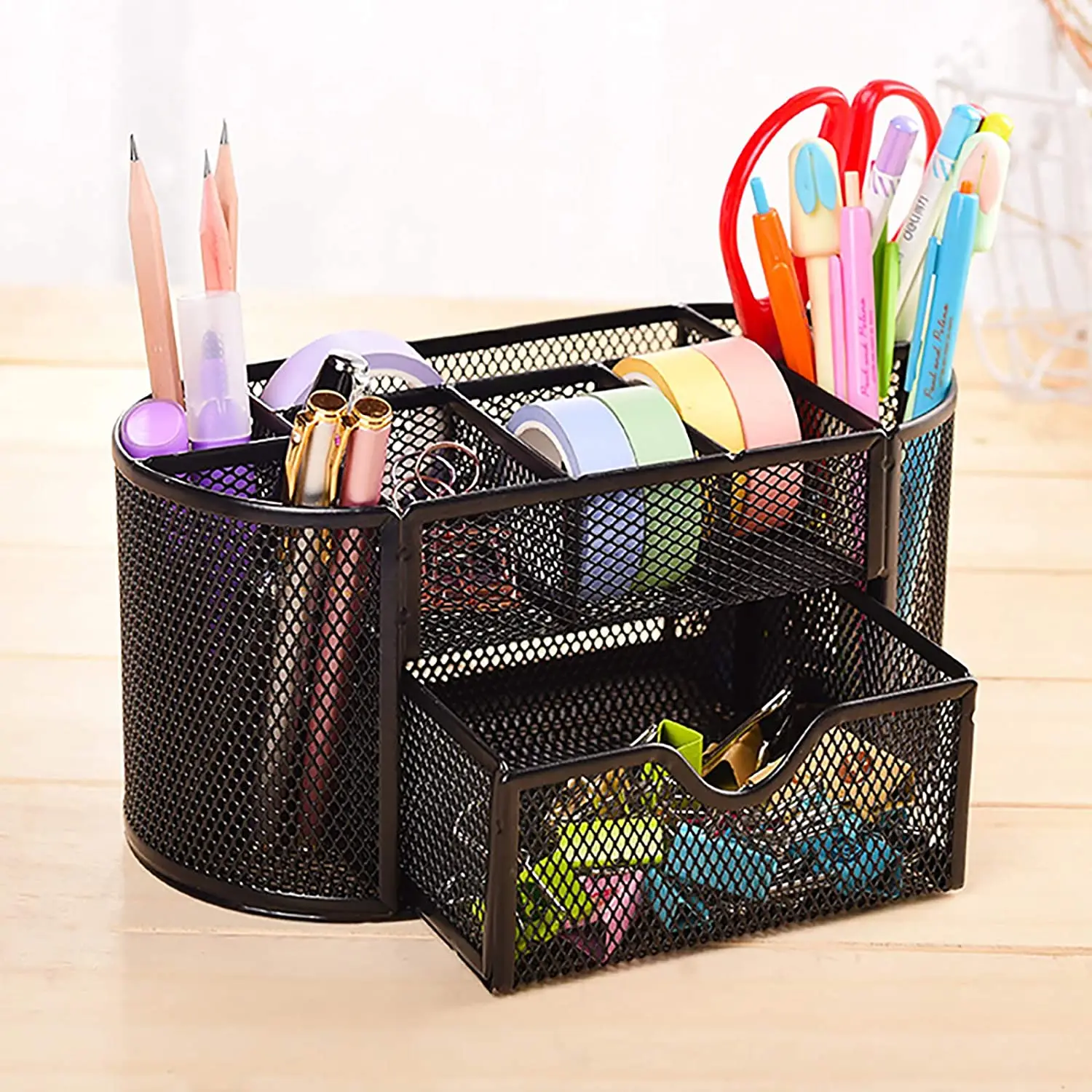 Formwell Metal Mesh Desk Supply Caddy, Office Supplies Organizer, 8 Compartments with Drawer, Stationery Storage