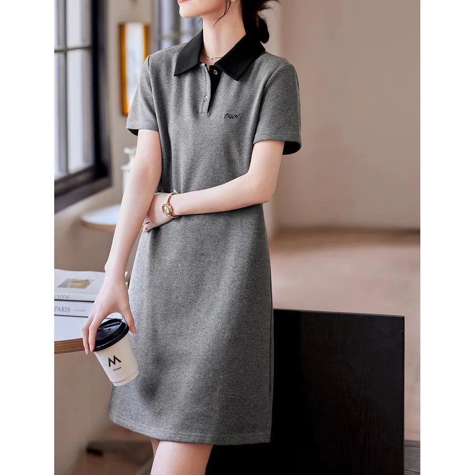 Women's Grey Fragrant Wind Hooded Dress New Summer High Waist Slim Short Sleeve A-line Skirt