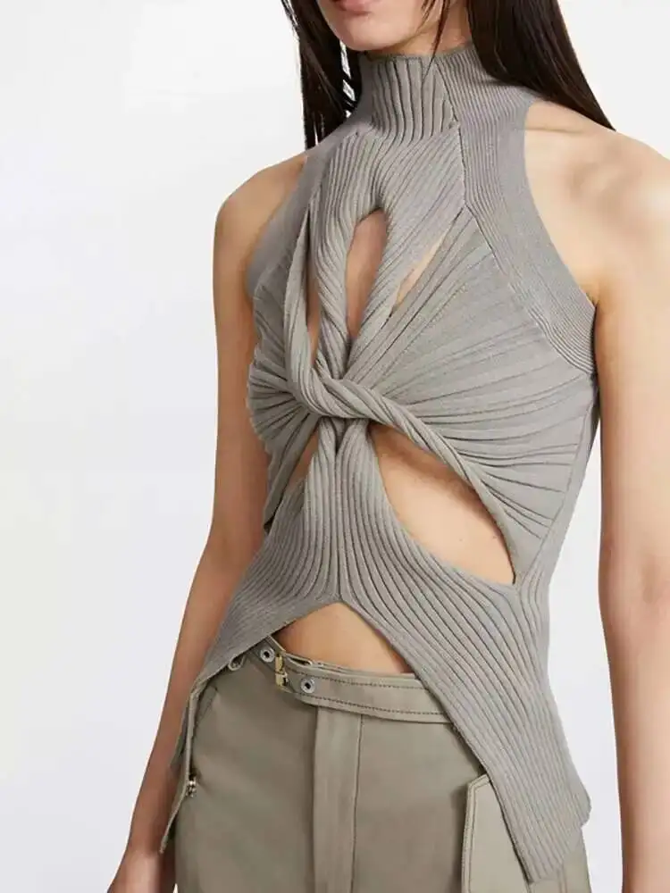 2024 Summer Women's Knitted Tops New Fashion High Collar Hollow Out Kink Sleeveless Solid Color Tank Tops Female 1SHDB