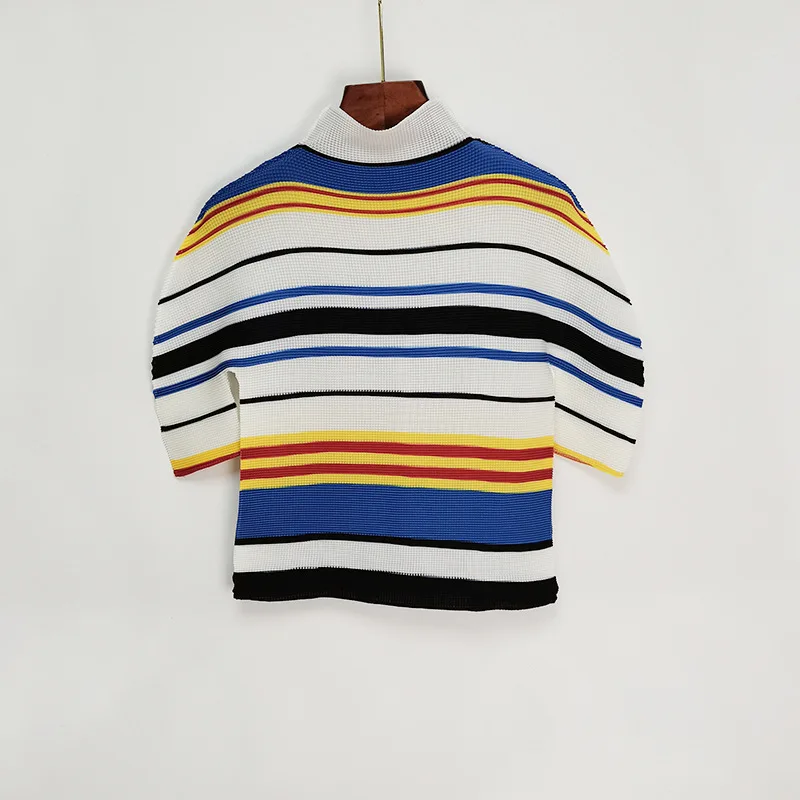 Miyake pleated women's top mid-sleeve half-high collar Western style tees 2022 summer new striped print thin t-shirt