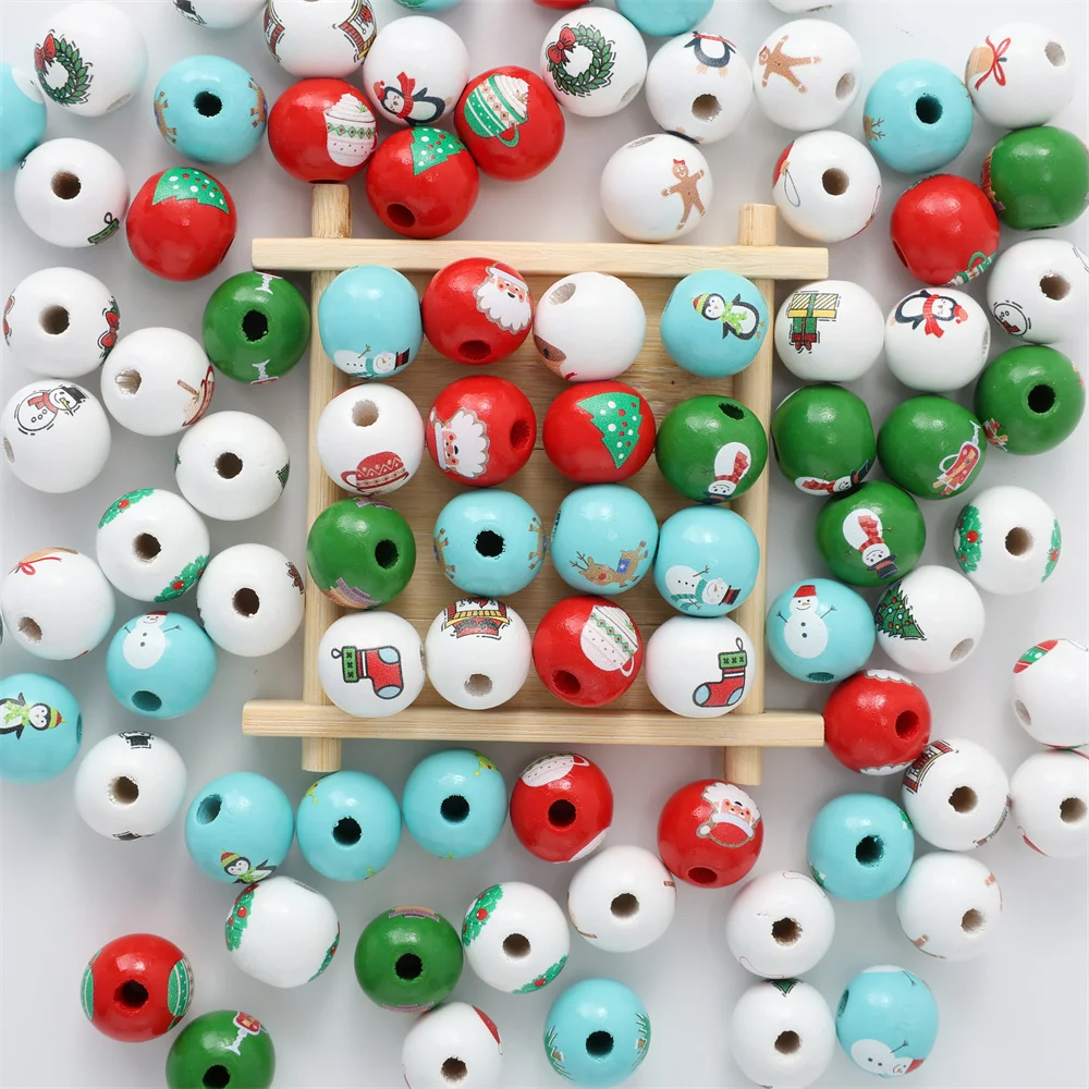 Assorted Printed Christmas Wooden Beads