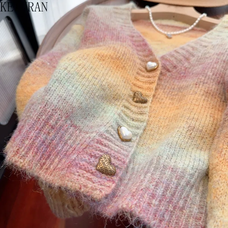 2024 New Autumn Winter Rainbow Gradient Mohair Sweater Coat Women Korean Fashion Chic V-Neck Long Sleeve Knitted Cardigan Jacket