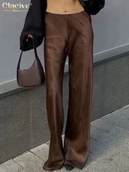 Clacive Casual Loose Brown Satin Women'S Pants Elegant Mid Waist Full Length Pants Simple Solid Silky Straight Trousers Female