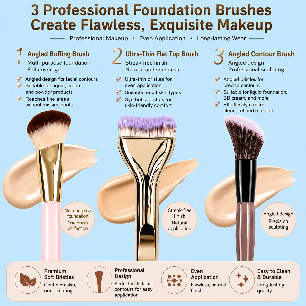 3PCS Face Makeup Brush Set for Foundation, Concealer, Contour & BB Cream, Soft Dense Synthetic Bristles, Professional Beauty Too