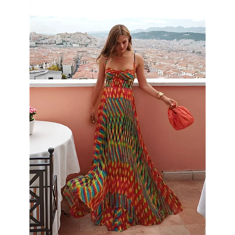 AOAO-Damska sukienka na ramiączkach bez rękawów z nadrukiem, dekolt w szpic, codzienne plisowane sukienki