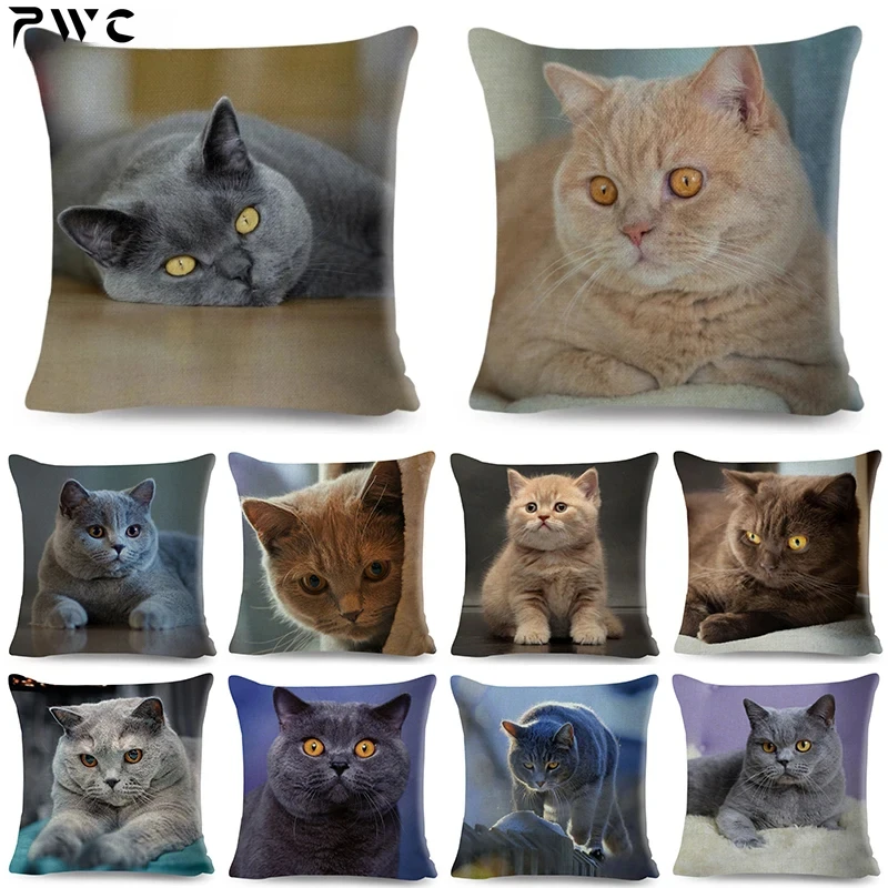 British Shorthair Russian Blue Cat Print Cushion Cover Decor Cute Cat Pet Animal Pillowcase Sofa Home Car Home Decor 45x45CM