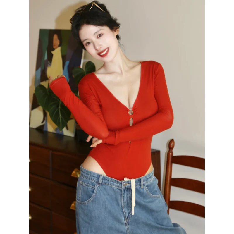 

Sexy American Sle Hot Girl V-Ne T-irt Women's Slit Design Slim Fit Pure Desire Long Sve Onesie High Waist Polyester ...