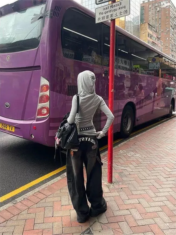 Y2K جينز واسع الساق للنساء أمريكي ريترو طباعة منحني سكين فضفاض كسول العمل السراويل الخريف