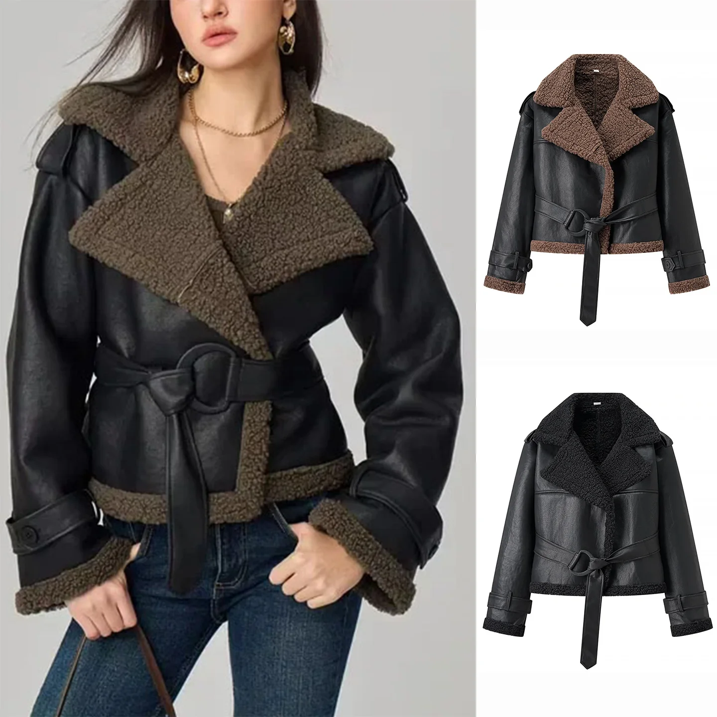 

Новое осеннее поступление, женское простое длинное пальто с воротником с поясом и воротником-стойкой, длинное кожаное меховое пальто из полиэфирного волокна 00%