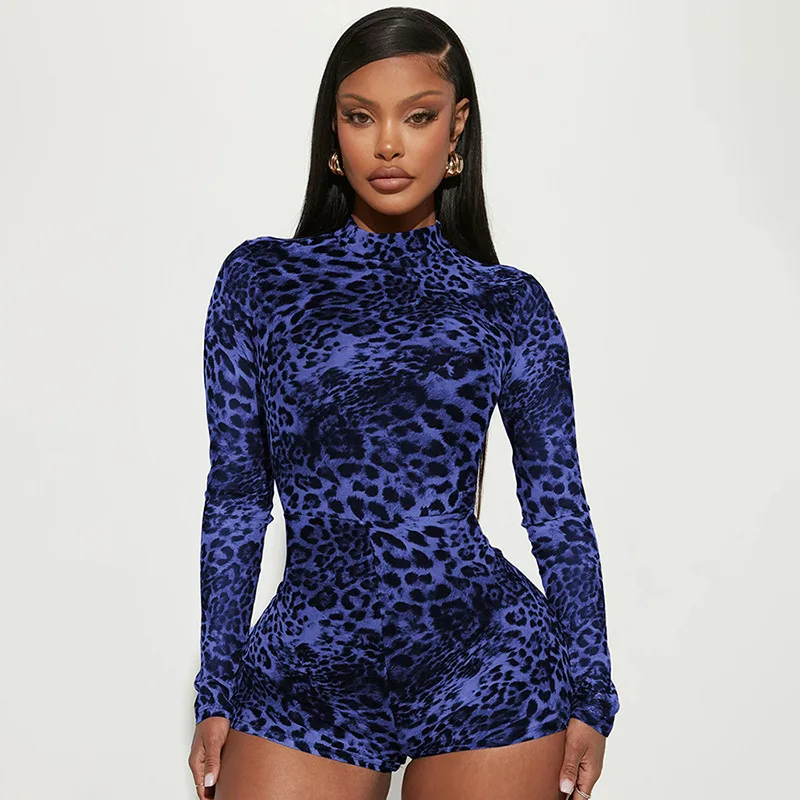 Three Sisters Produk Baru Musim Gugur 2025 Mode Wanita Seksi Leher Bulat Lengan Panjang Macan Tutul Obral Bodysuit Jumpsuit