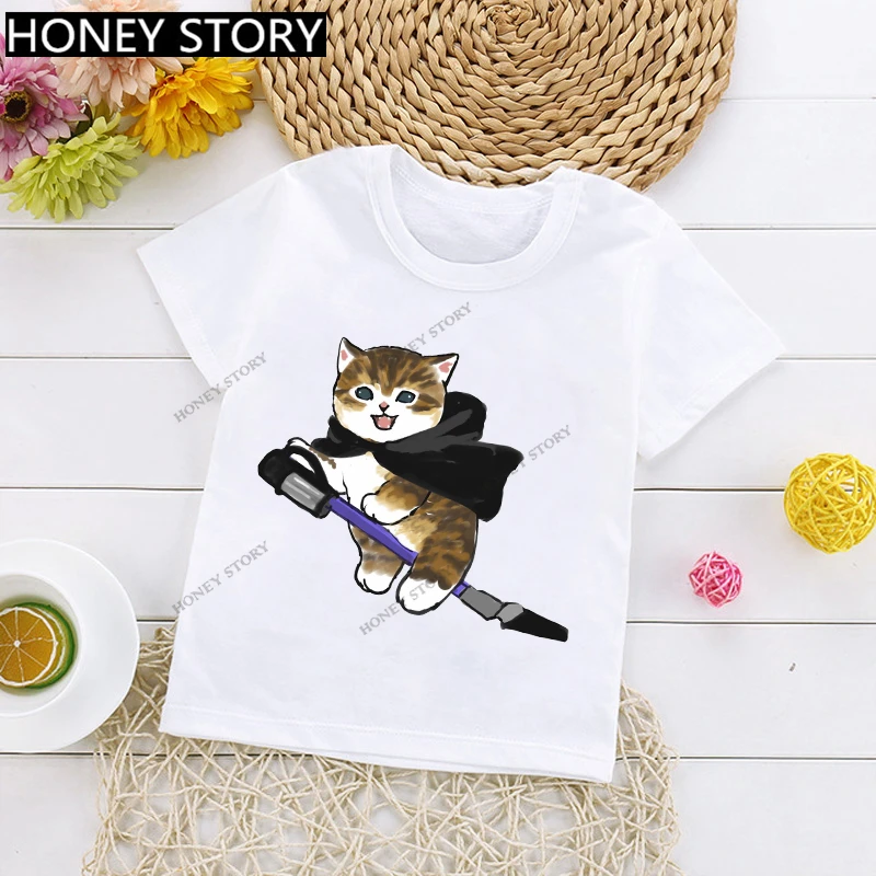 Cute Cartoon Cat Print T-shirt for Boys and Girls Clothes