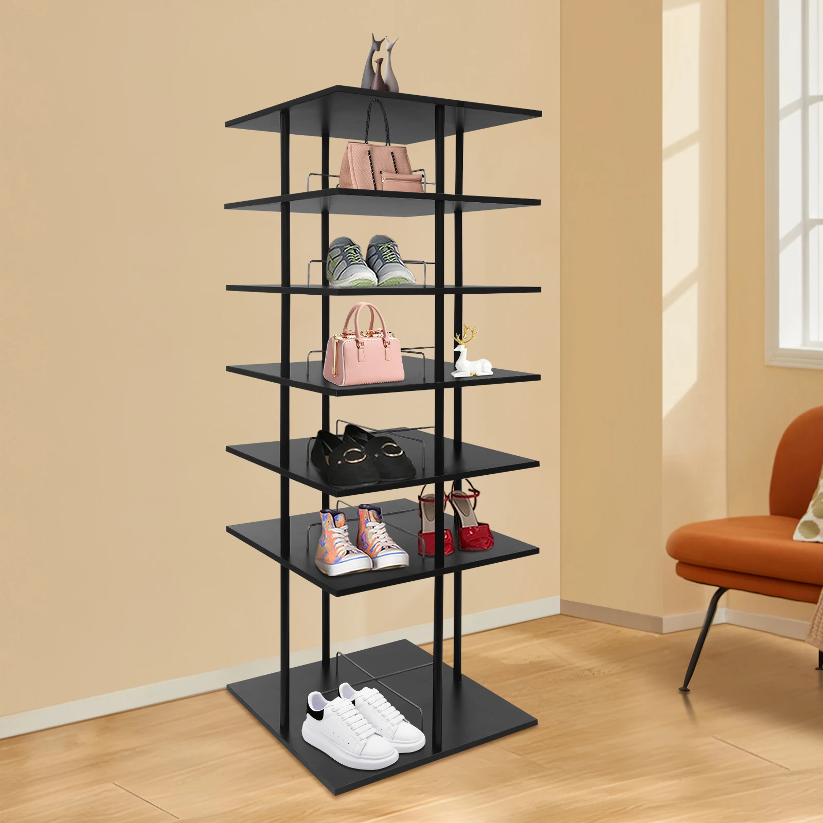 

Многоярусная подставка для обуви 360 ° Вращающаяся напольная полка-органайзер для обуви черного цвета для хранения обуви, головных уборов и сумок