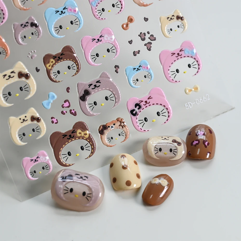 Naklejki na paznokcie 5D Leopard Hello Kitty Brokatowe Gwiazdki Serca Jesień Zima Y2K Kokardki Kotki z Kapturem Ozdoby do Paznokci Akcesoria do Paznokci