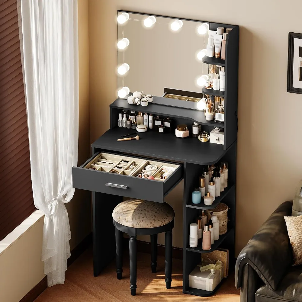 Makeup Vanity Desk with LED Mirror, 26.4in, 3 Light Modes, Black, Drawer & 6 Shelf Storage