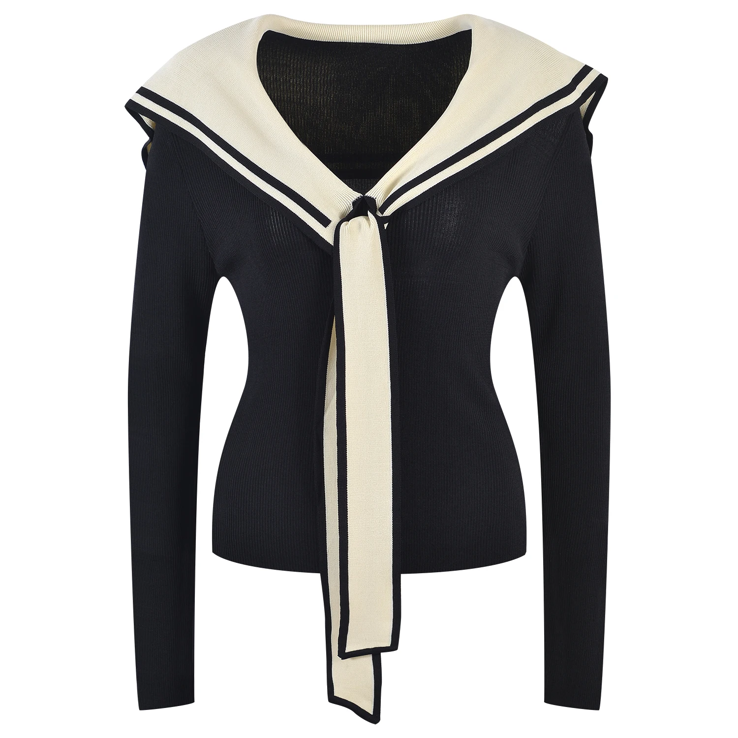 네이비 칼라 롱 슬리브 티셔츠 여성 슬림핏 니트 탑 고급 버전 가을 겨울 디자인 감각 패셔너블