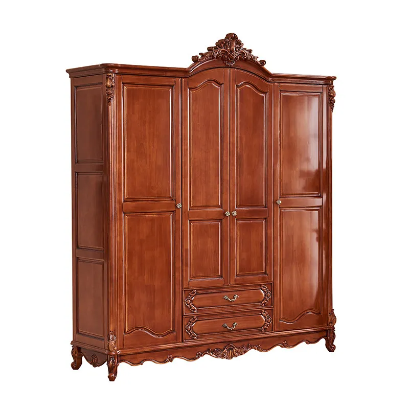 

European Solid Wood Carved Antique Wardrobe American Retro Style Luxury Four Doors