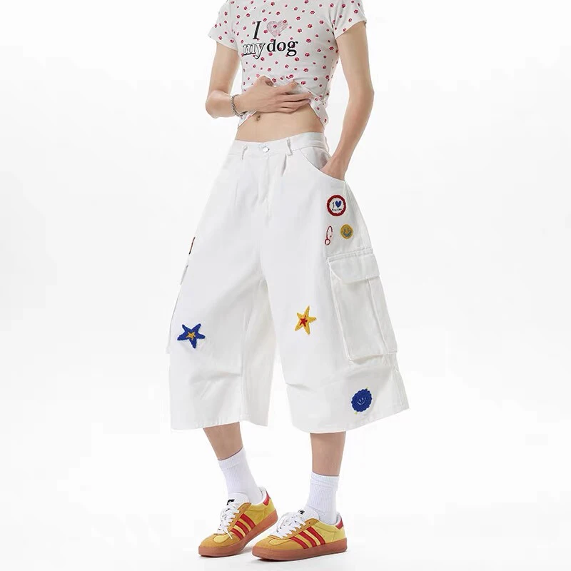 Embroidery Cargo Shorts Summer Workwear Cropped Pants with Multi Pockets Pleated Wide Leg Retro Hip Hop Casual Trousers
