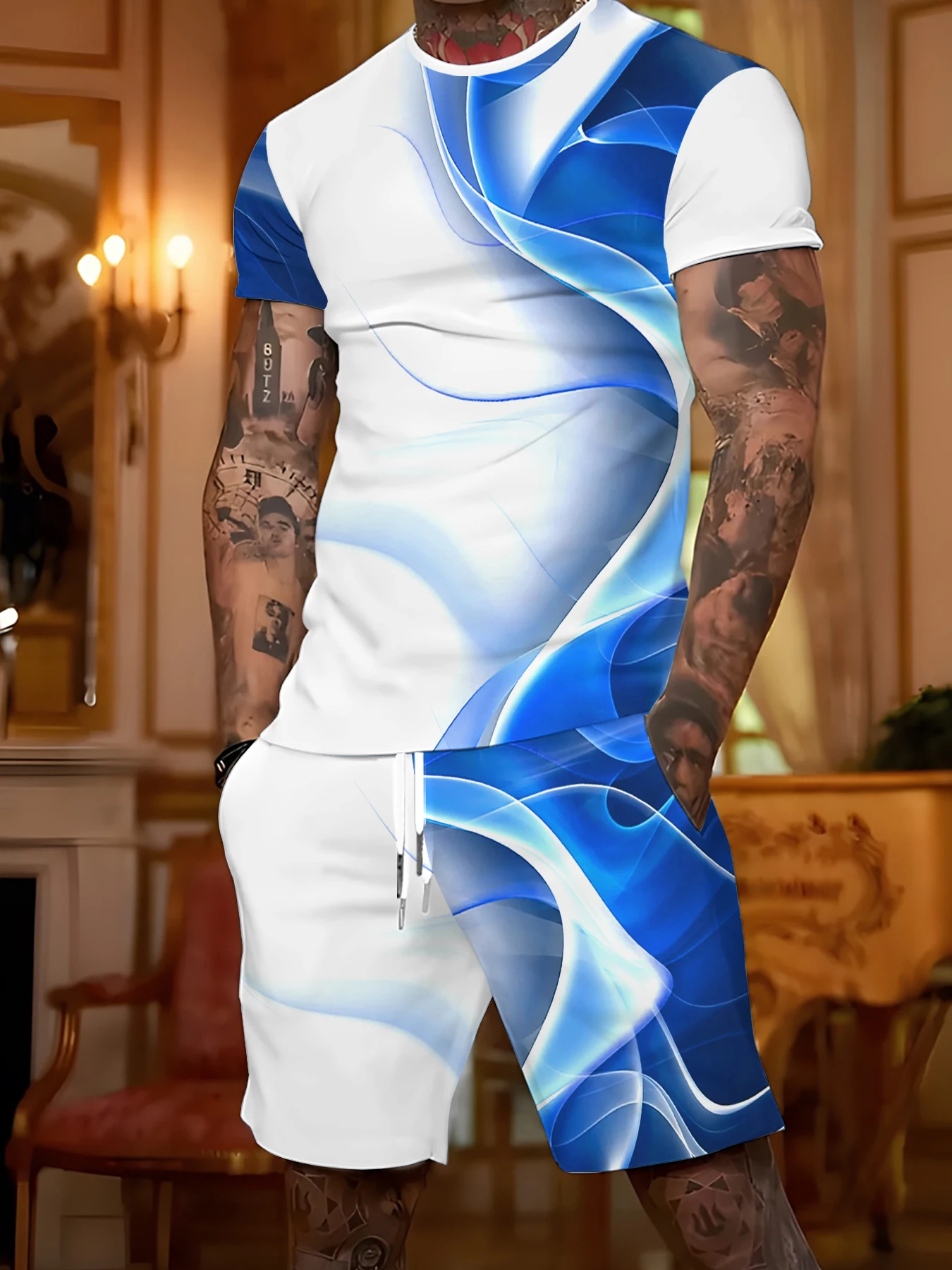 

Универсальный повседневный наряд для мальчиков, сине-белая футболка и шорты с ослепительным принтом, удобный комплект из двух предметов для выхода на улицу