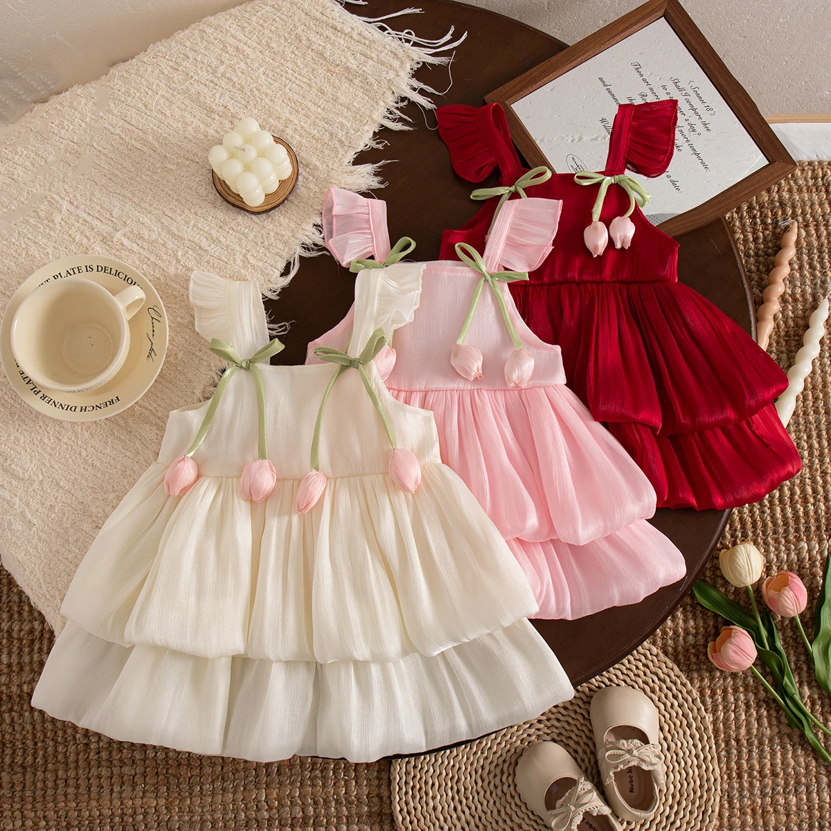 Girls Dresses Summer Tulip Pattern Solid Color Halter Multi Layers Design Hem Baby Girl Dress Cute Casual Girl Kid's Dress
