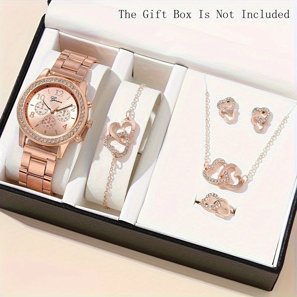 

6 Pcs Rose Golden Round Quartz Watches Stainless Steel Strap Alloy Pointer Alloy Dial And Rhinestone Bracelet Necklace