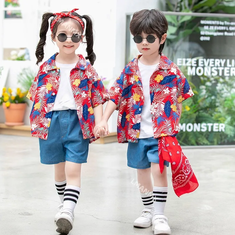 Trendy and Cool Parent Child Port Flower Shirt Set, Retro Summer Dress, Graduation Photography, Fashion Show Performance Dress