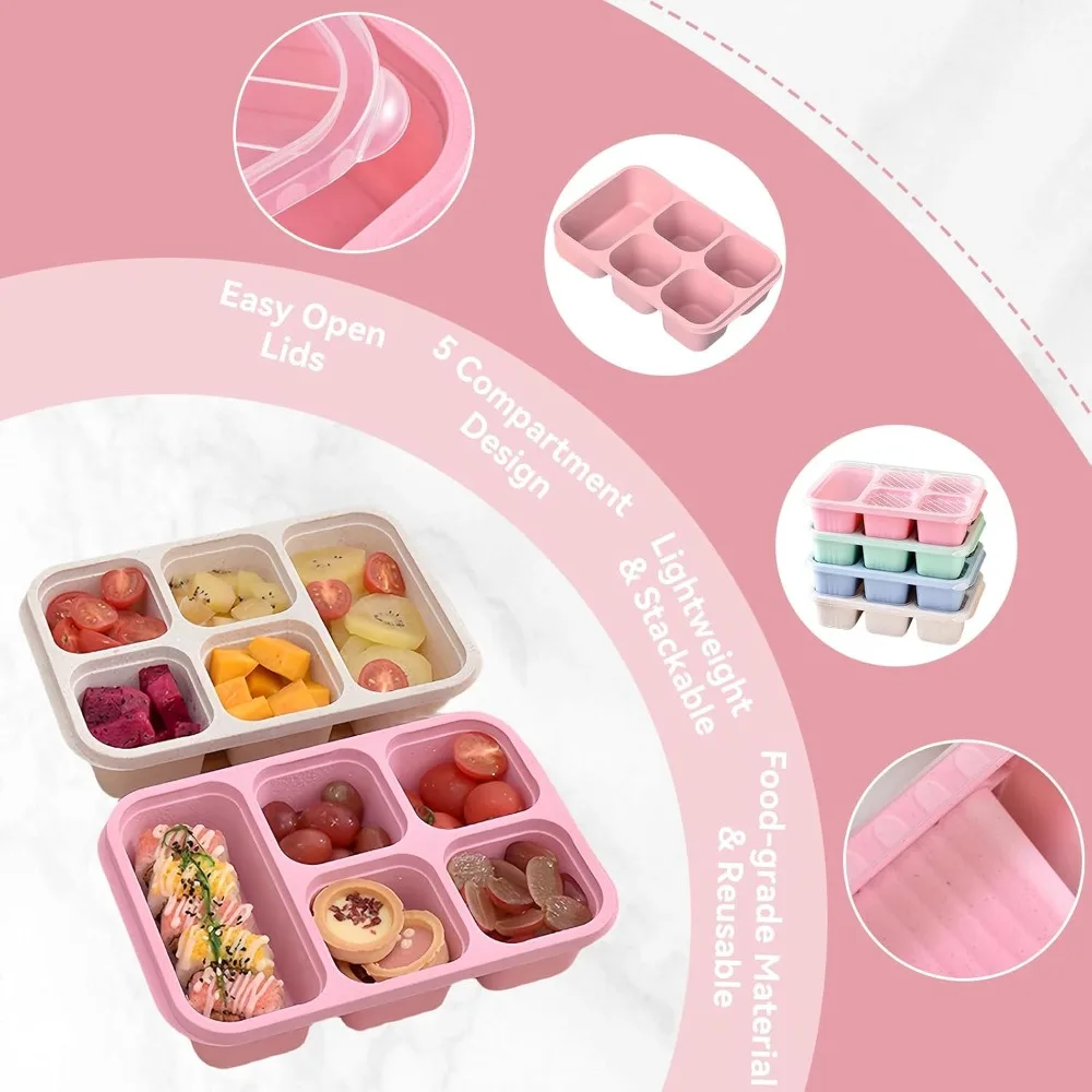 Bento Lunch Box with Reusable 5 Compartment Bento Box Microwave Compatible for Bento Snack Containers for Travel and Work