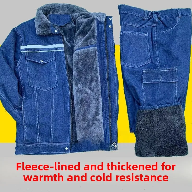 Completo Invernale da Lavoro in Denim Rinforzato a Doppio Strato per Uomo, Set con Pantaloni Resistenti all'Usura in Cotone, Anti-Scottatura