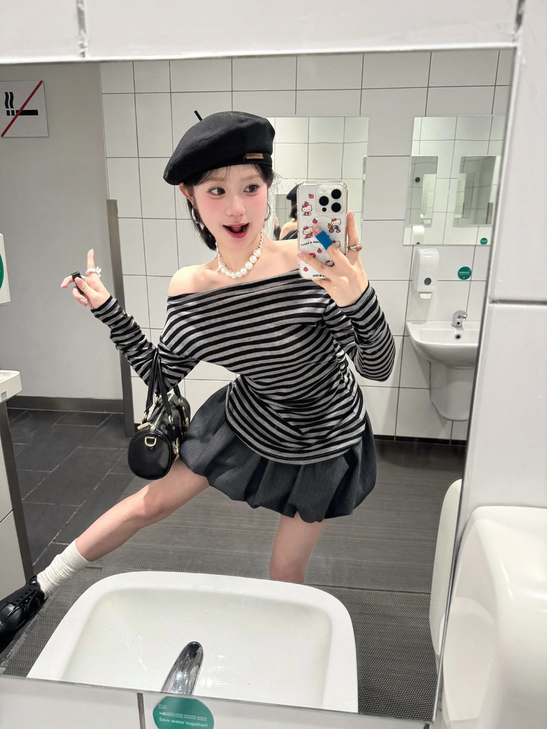 

American Sle Spicy Girl One oulder Striped Long Sve T-irt Women's Autumn Design Slim Fit Pure Desire Clavicle Exposu...