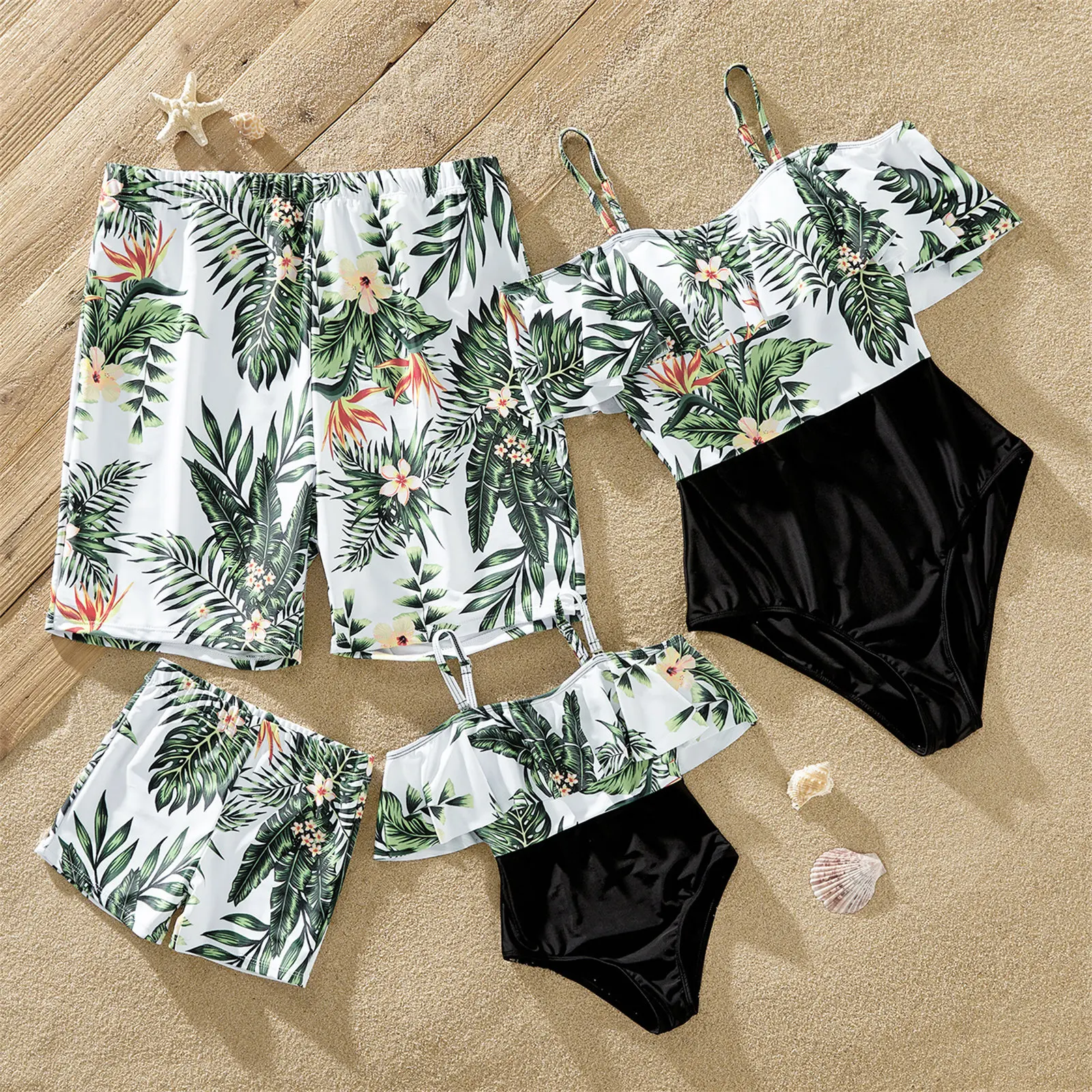 PatPat Summer Family Matching Swimsuit One Piece Plant Flounce Plumeria Print Family Matching Swimsuit Swimwear Clothes Sets