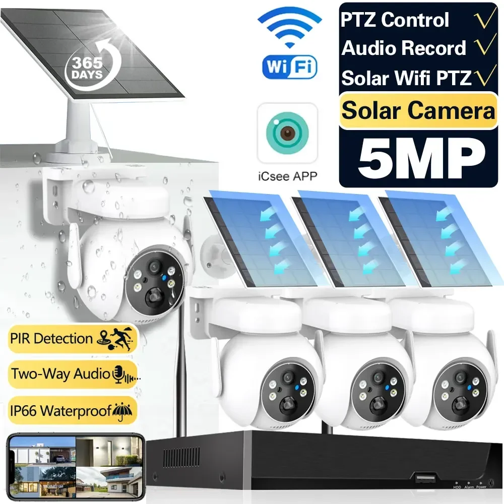 

4MP 2K Lower Consumption Solar Wifi Two way Audio PIR Detection Outdoor Security PTZ CCTV Camera System 8CH Wireless NVR Kit