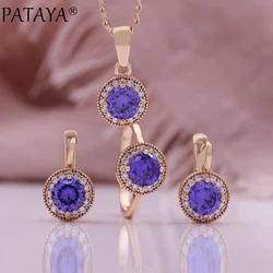 PATAYA Purple Zircon Women 585 Gold Rose Color Round Cubic Zircon Pendant Earrings Rings Sets Necklace Chain Jewelry 2024 New