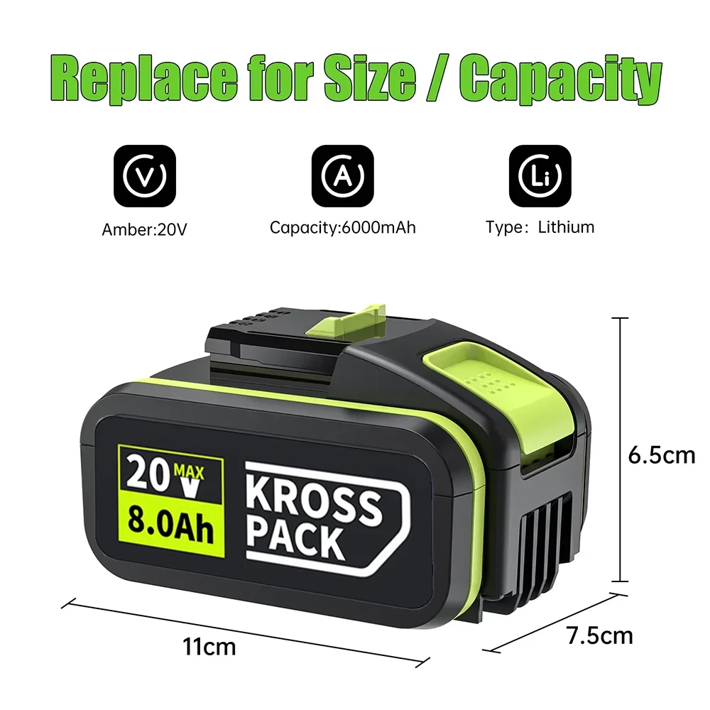 WORX 20V 6.0/8.0Ah electric tool charging lithium battery replacement battery WA3551 WA3553 WX390 WX176 WX178 WX386 with BMS