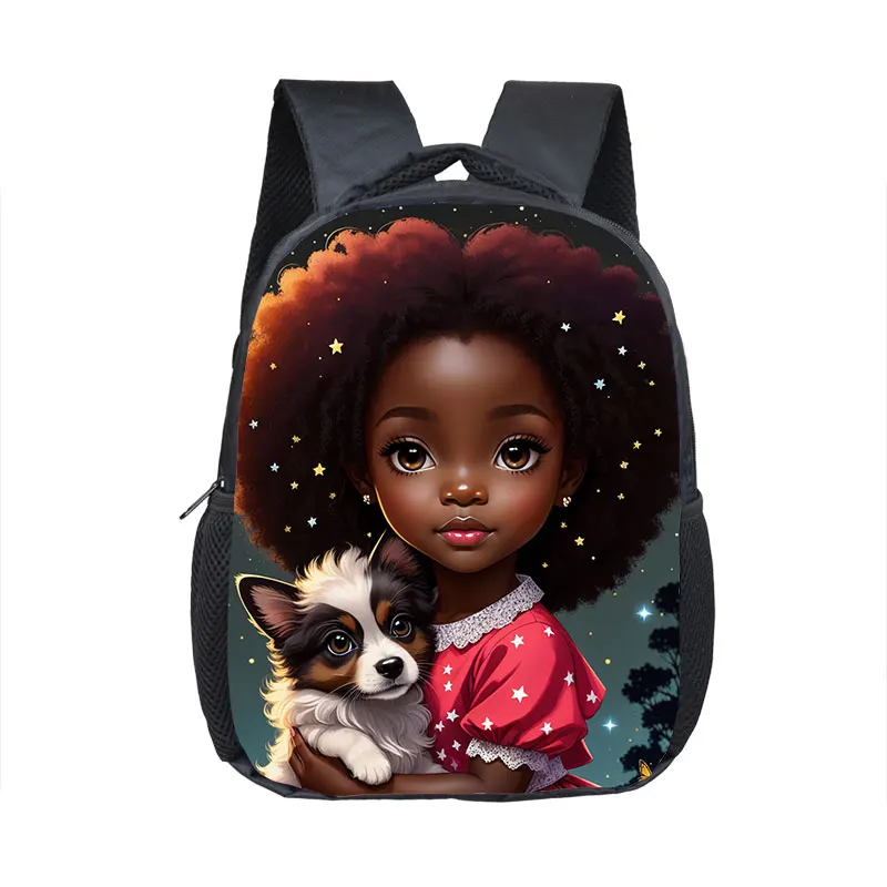 12 Inch Cute Afro Princess with Puppy Cat Print Backpack for 2-4 Years Old Kids School Bag Kindergarten Girls Toddler Bookbags