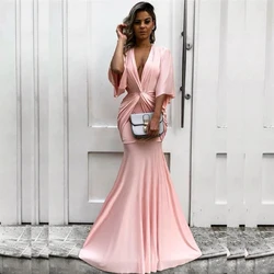 Pink V-Neck Pleat Prom Dress Halt Sleeve Sweep Train Satin Mermaid Special Occasion Long Chic Evening Dresses for Elegant Women