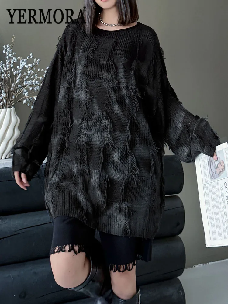 YERMORA Black Tie-Dye Irregular Burr Casual Pullover For Women O-Neck Long Sleeve Loose New Sweater Fashion Autumn Winter 2025