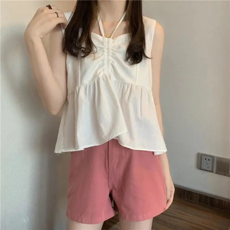 ملابس كاميس كورية عصرية برباط كاميس ملابس نسائية بلون واحد قطع علوية صيفية مكشكشة مقسمة بدون أكمام جديدة #4