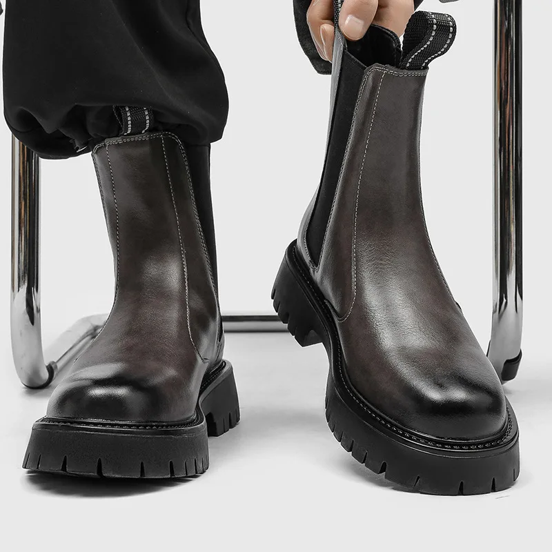 mens fashion stage nightclub high platform boots black grey original leather shoes cowboy motorcycle boot long chelsea botas man