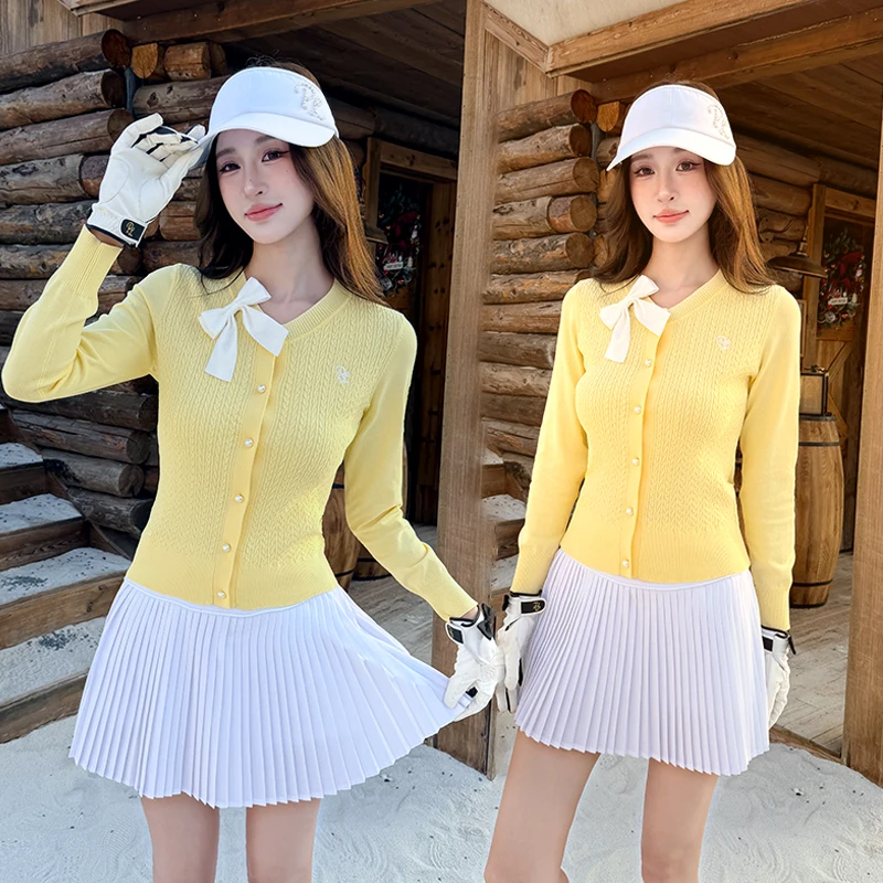 PL New Golf Women's Sweater Long Sleeve Knit Cardigan Tops Bowknot Warm Fashion Shirts Lady Pleated Golf Skirts with Inner Short