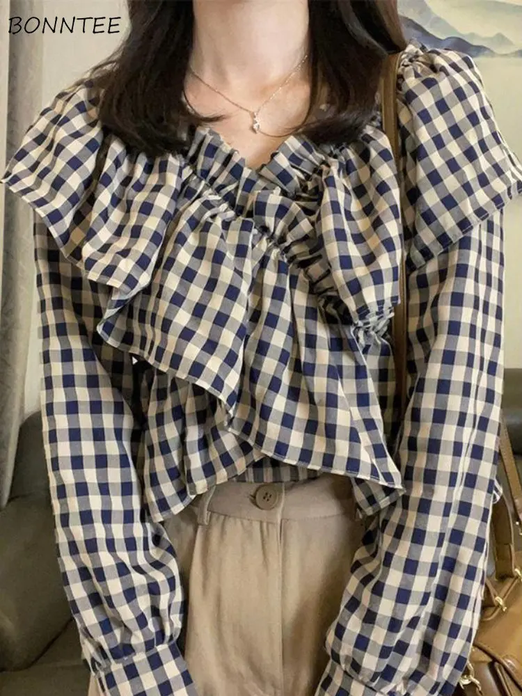 Plaid Blouses Women Ruffles Lovely Schoolgirls Elegant Creativity New Personality All-match Daily Simple Korean Style Leisure