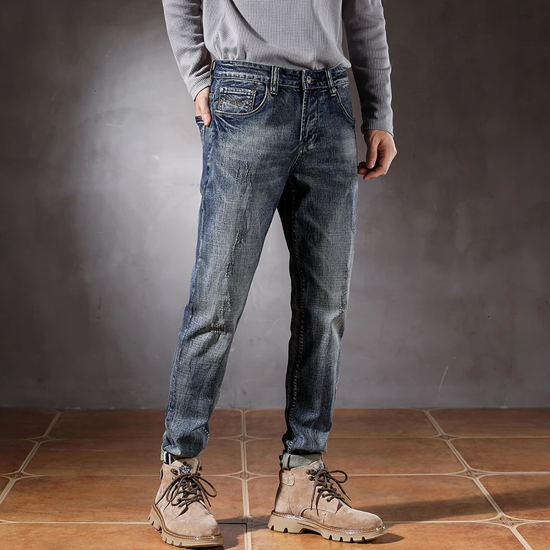 High quality men's jeans new slim fit straight leg scraped and washed elastic men's pants skinny jeans men  ripped jeans